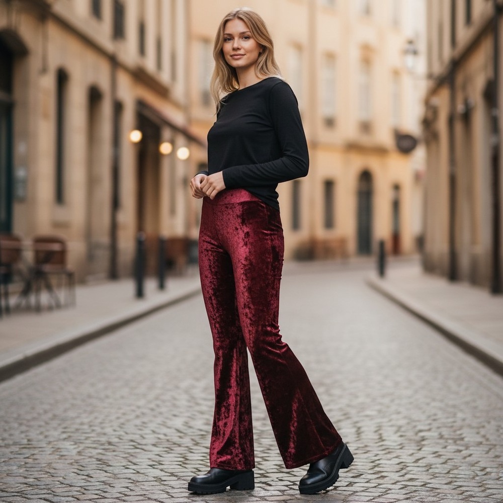 Boho Bell Bottom Boutique Flare Pants Womens L Burgundy Eclectic Crushed Velvet